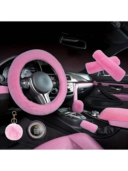 8-Piece Combination Pink Goddess Plush Car Steering Wheel Cover, Rex Imitation Rabbit Fur Fluffy Steering Wheel Cover, Classic And Fashionable Car Steering Wheel Protection Cover,Purple Car Accesaorie