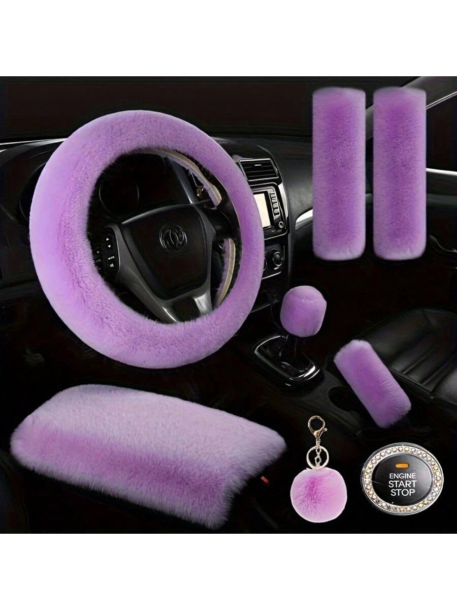 8-Piece Combination Pink Goddess Plush Car Steering Wheel Cover, Rex Imitation Rabbit Fur Fluffy Steering Wheel Cover, Classic And Fashionable Car Steering Wheel Protection Cover,Purple Car Accesaorie