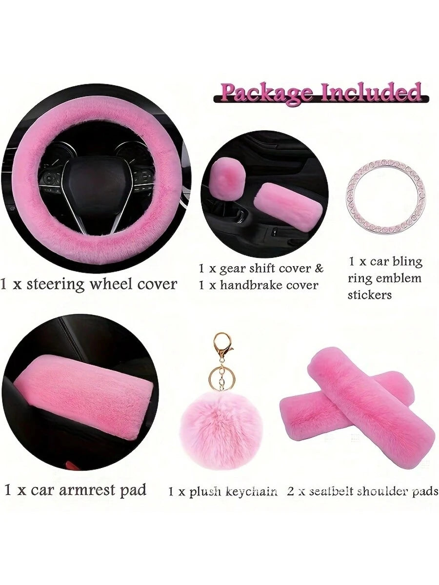 8-Piece Combination Pink Goddess Plush Car Steering Wheel Cover, Rex Imitation Rabbit Fur Fluffy Steering Wheel Cover, Classic And Fashionable Car Steering Wheel Protection Cover,Purple Car Accesaorie