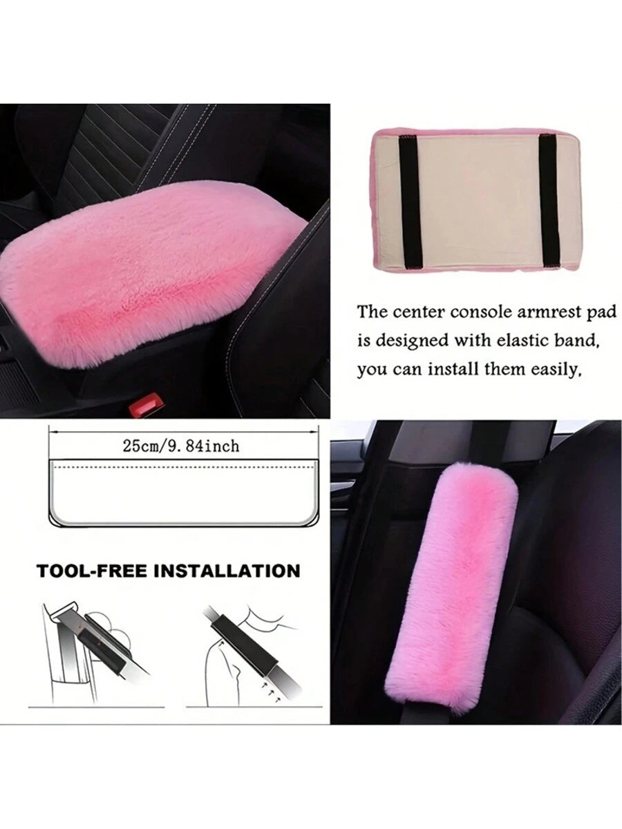 8-Piece Combination Pink Goddess Plush Car Steering Wheel Cover, Rex Imitation Rabbit Fur Fluffy Steering Wheel Cover, Classic And Fashionable Car Steering Wheel Protection Cover,Purple Car Accesaorie