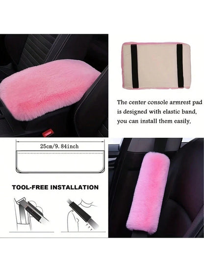 8-Piece Combination Pink Goddess Plush Car Steering Wheel Cover, Rex Imitation Rabbit Fur Fluffy Steering Wheel Cover, Classic And Fashionable Car Steering Wheel Protection Cover,Purple Car Accesaorie