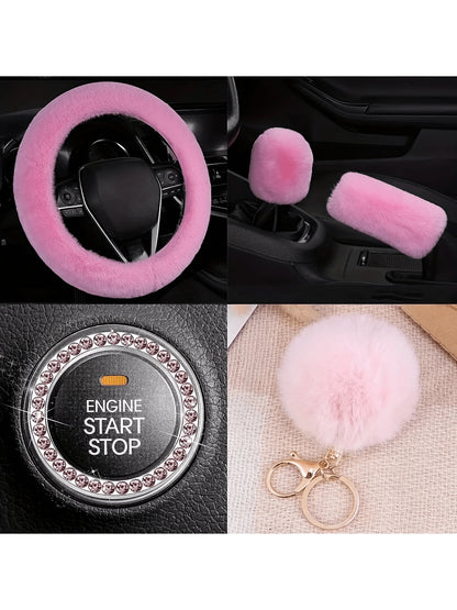 8-Piece Combination Pink Goddess Plush Car Steering Wheel Cover, Rex Imitation Rabbit Fur Fluffy Steering Wheel Cover, Classic And Fashionable Car Steering Wheel Protection Cover,Purple Car Accesaorie