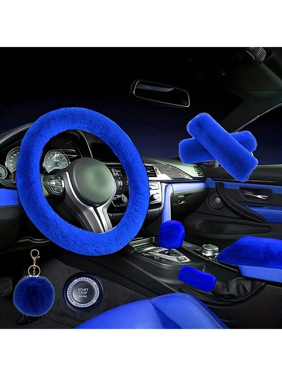 8-Piece Combination Pink Goddess Plush Car Steering Wheel Cover, Rex Imitation Rabbit Fur Fluffy Steering Wheel Cover, Classic And Fashionable Car Steering Wheel Protection Cover,Purple Car Accesaorie