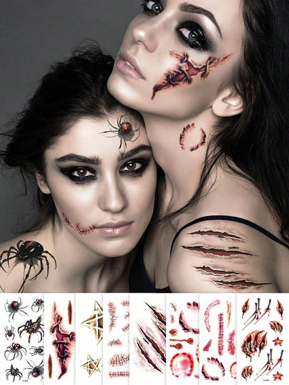 8 Sheets Halloween Small Body Art Temporary Tattoo Stickers, Unisex, Realistic Scars, Wounds, Scratches, Spider Patterns, Waterproof,Last 2-5 Days,Can Be Used For Arms, Wrists, Shoulders, Legs,Neck,Ha