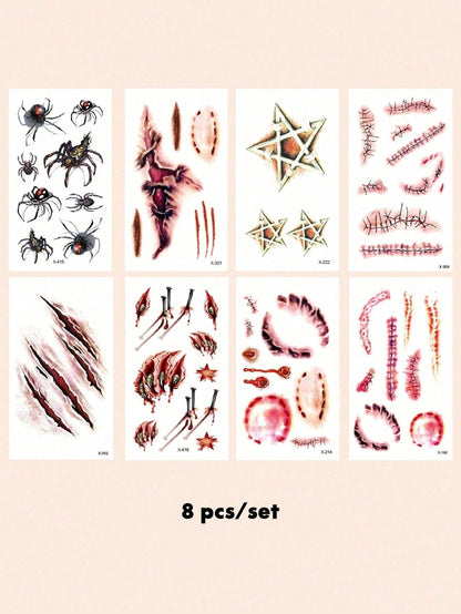 8 Sheets Halloween Small Body Art Temporary Tattoo Stickers, Unisex, Realistic Scars, Wounds, Scratches, Spider Patterns, Waterproof,Last 2-5 Days,Can Be Used For Arms, Wrists, Shoulders, Legs,Neck,Ha
