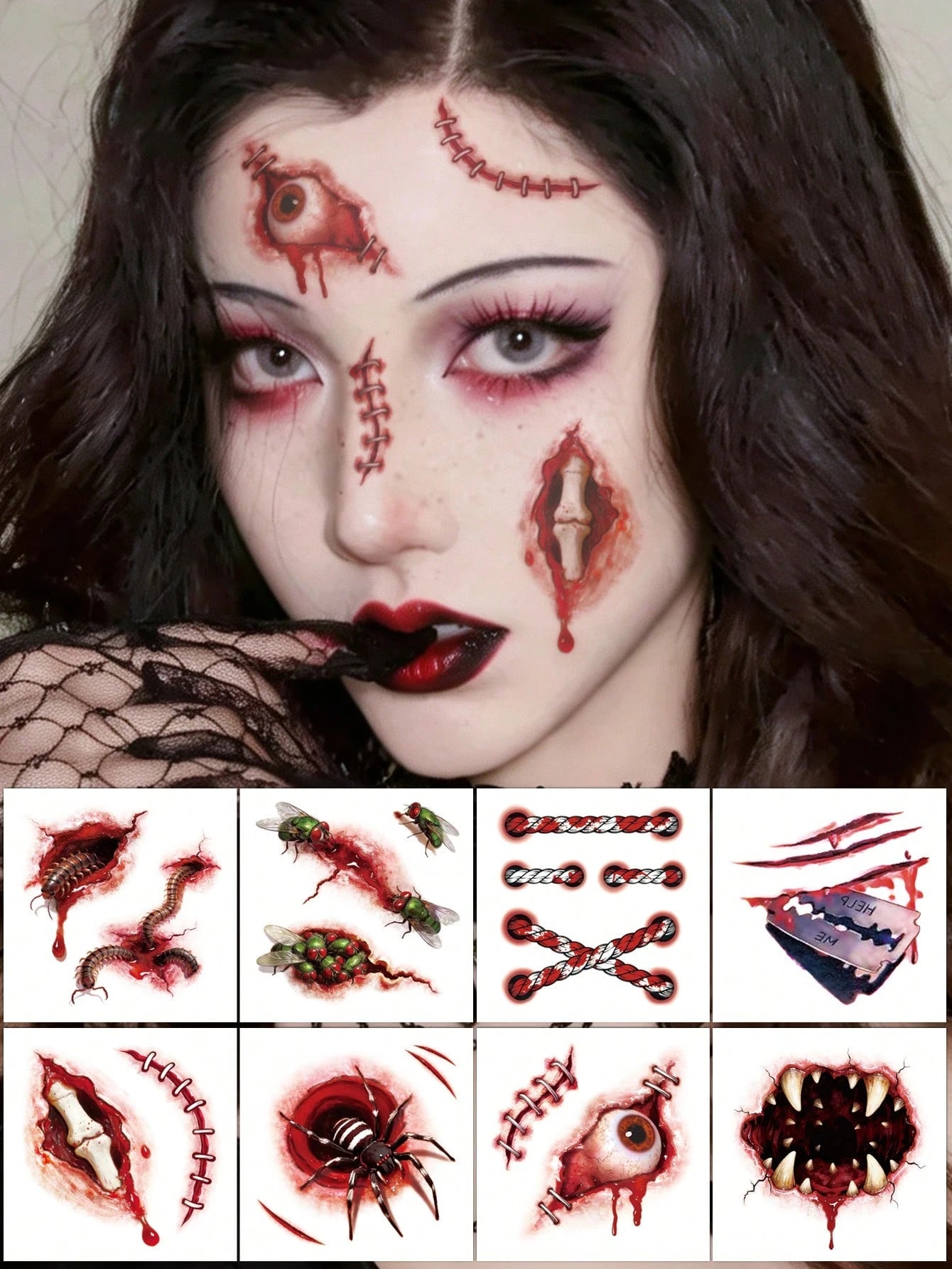 8PCS Halloween Realistic Blood Splatter Stitched Wound Spider Bug Fang Pattern Halloween Makeup Party Gift Face Arm Shoulder Neck Waterproof Tattoo Stickers