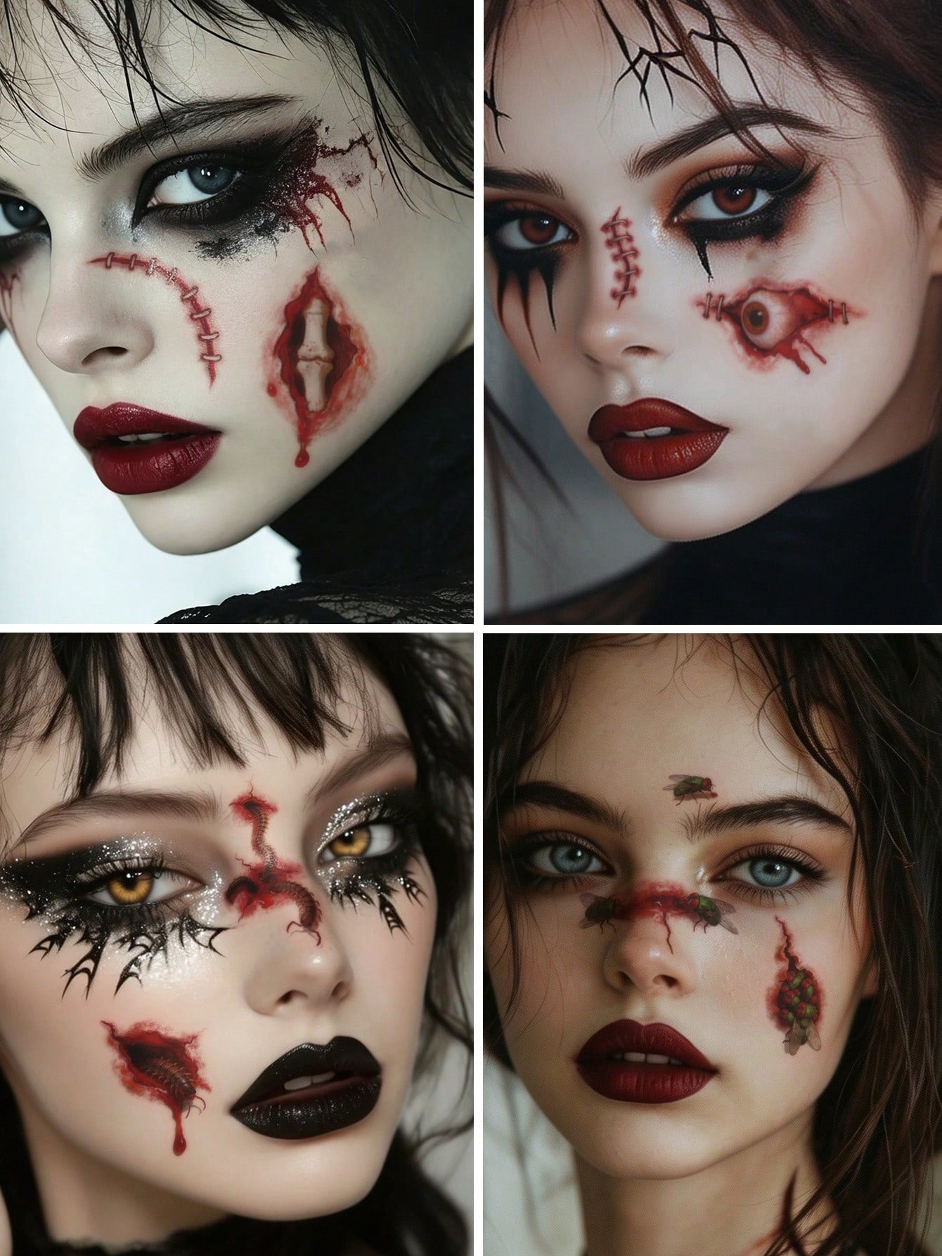 8PCS Halloween Realistic Blood Splatter Stitched Wound Spider Bug Fang Pattern Halloween Makeup Party Gift Face Arm Shoulder Neck Waterproof Tattoo Stickers