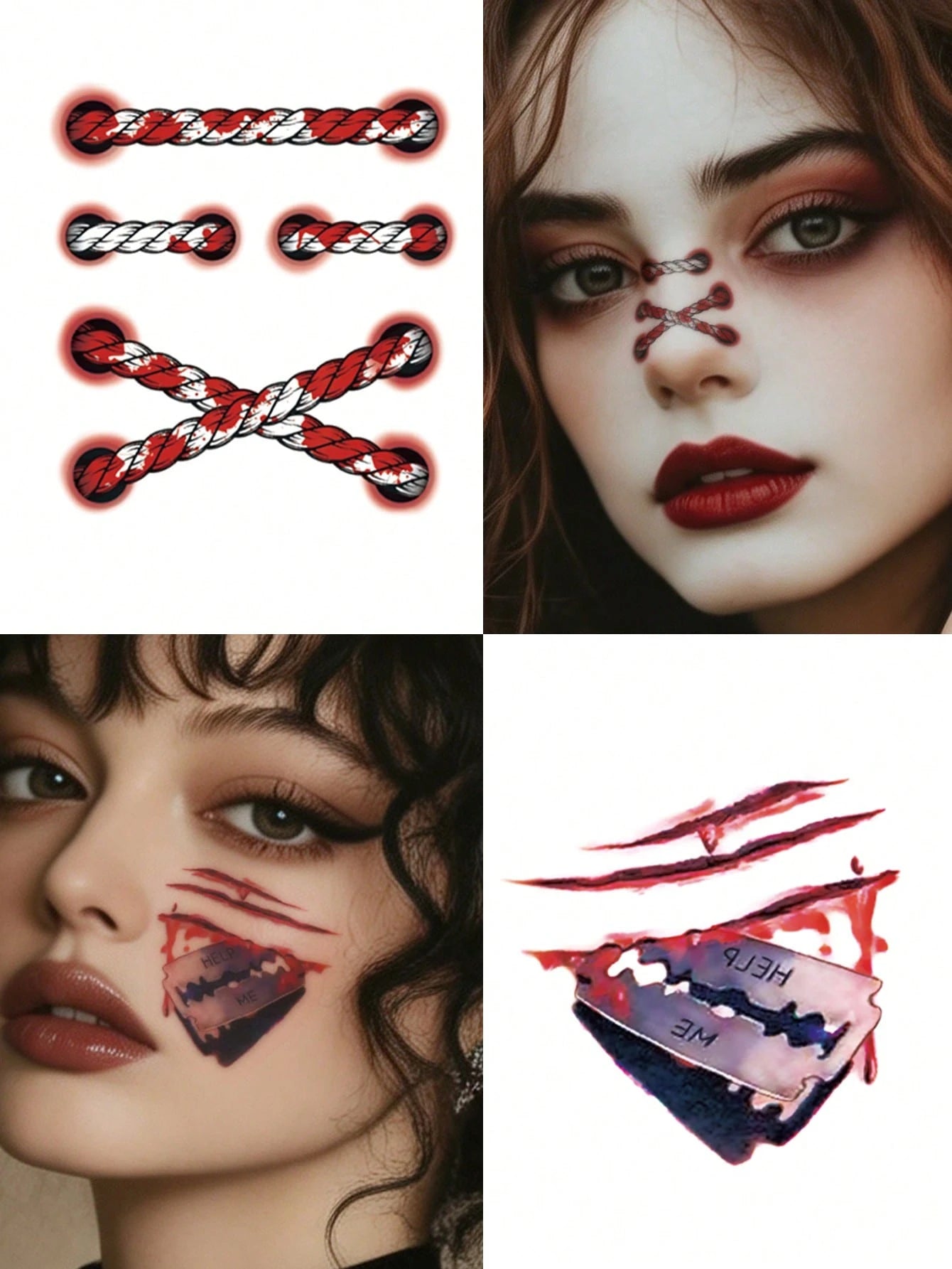8PCS Halloween Realistic Blood Splatter Stitched Wound Spider Bug Fang Pattern Halloween Makeup Party Gift Face Arm Shoulder Neck Waterproof Tattoo Stickers
