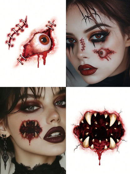 8PCS Halloween Realistic Blood Splatter Stitched Wound Spider Bug Fang Pattern Halloween Makeup Party Gift Face Arm Shoulder Neck Waterproof Tattoo Stickers