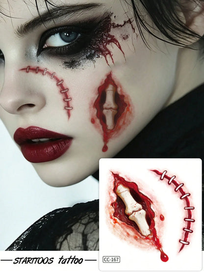 8PCS Halloween Realistic Blood Splatter Stitched Wound Spider Bug Fang Pattern Halloween Makeup Party Gift Face Arm Shoulder Neck Waterproof Tattoo Stickers