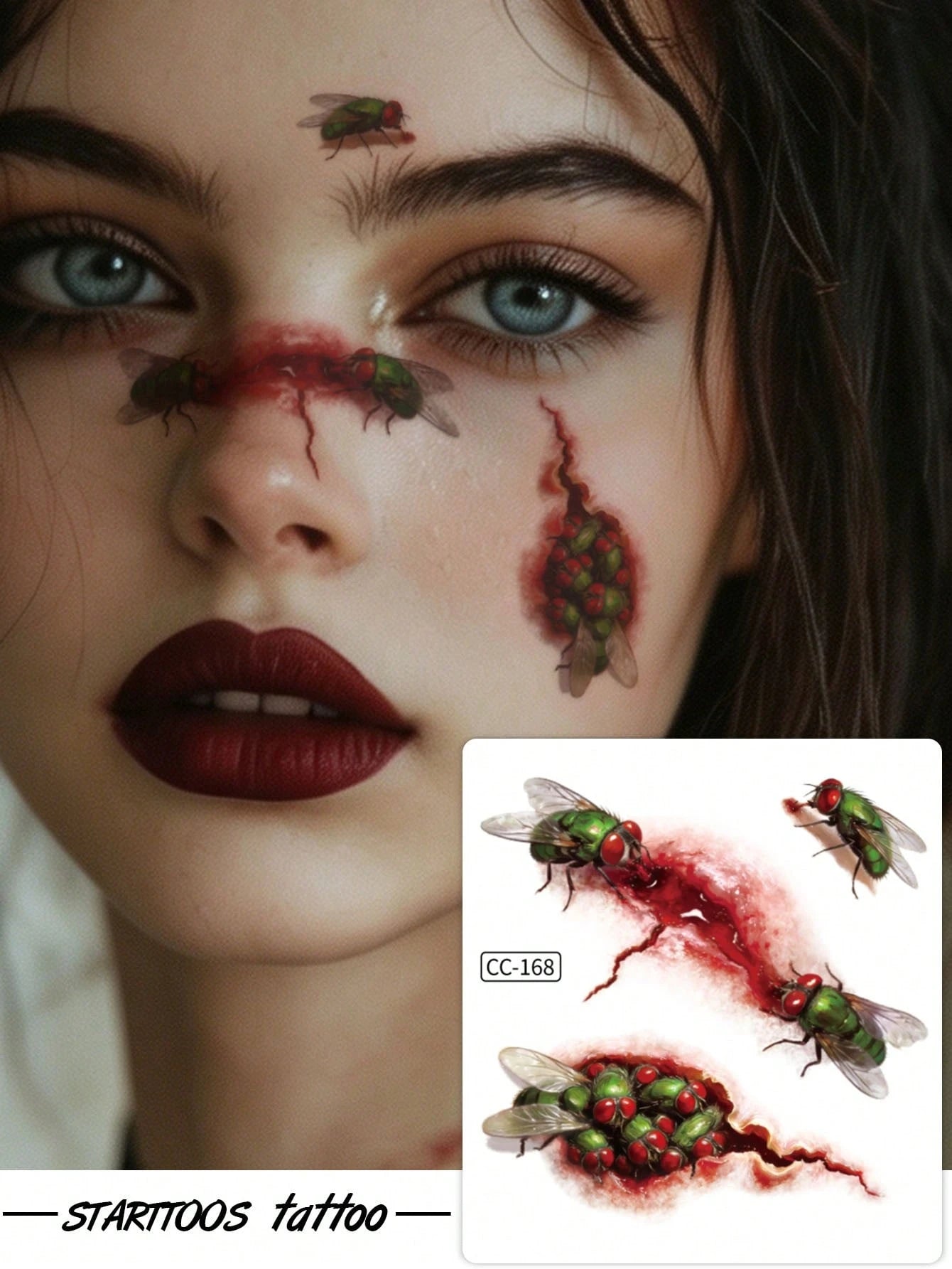 8PCS Halloween Realistic Blood Splatter Stitched Wound Spider Bug Fang Pattern Halloween Makeup Party Gift Face Arm Shoulder Neck Waterproof Tattoo Stickers