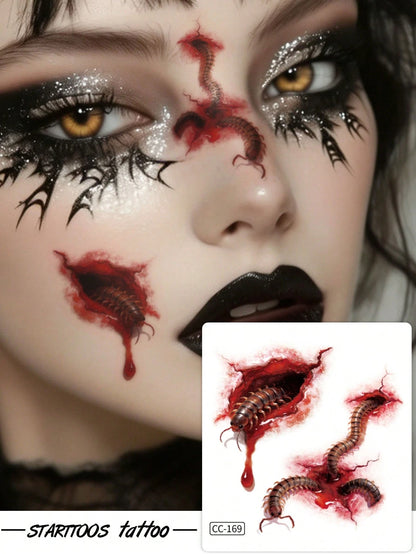 8PCS Halloween Realistic Blood Splatter Stitched Wound Spider Bug Fang Pattern Halloween Makeup Party Gift Face Arm Shoulder Neck Waterproof Tattoo Stickers