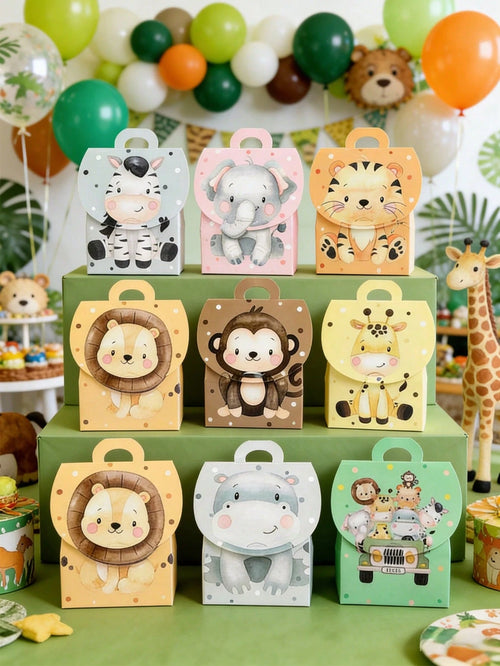 8pcs Jungle Animal Theme Gift Boxes With Handles, Jungle Adventure Theme Birthday Gift Bags, Baby Shower Decor Gift Boxes, Gender Reveal Party Candy Bags, Party Favor Bags, 1st Birthday Party Supplies