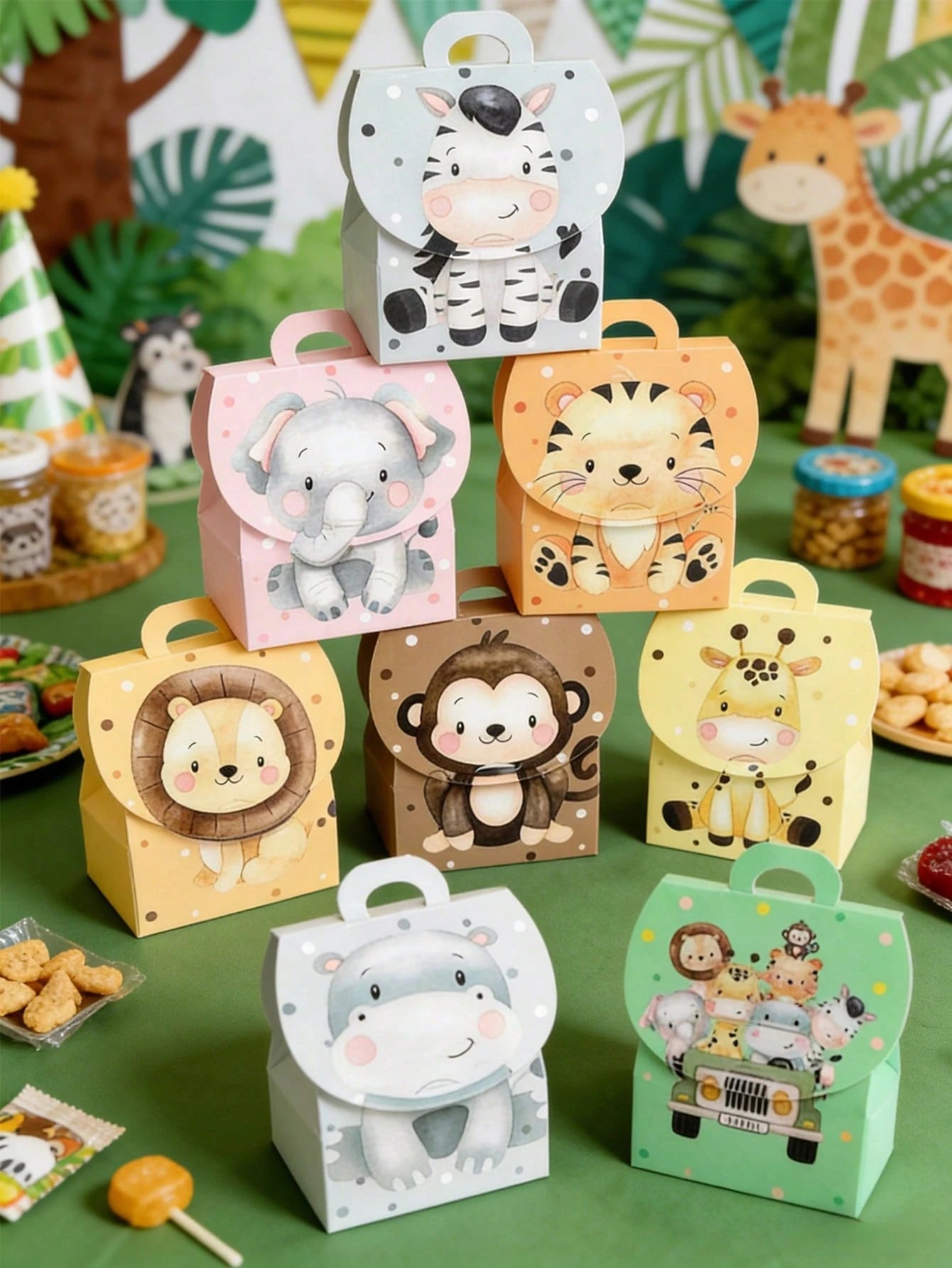 8pcs Jungle Animal Theme Gift Boxes With Handles, Jungle Adventure Theme Birthday Gift Bags, Baby Shower Decor Gift Boxes, Gender Reveal Party Candy Bags, Party Favor Bags, 1st Birthday Party Supplies