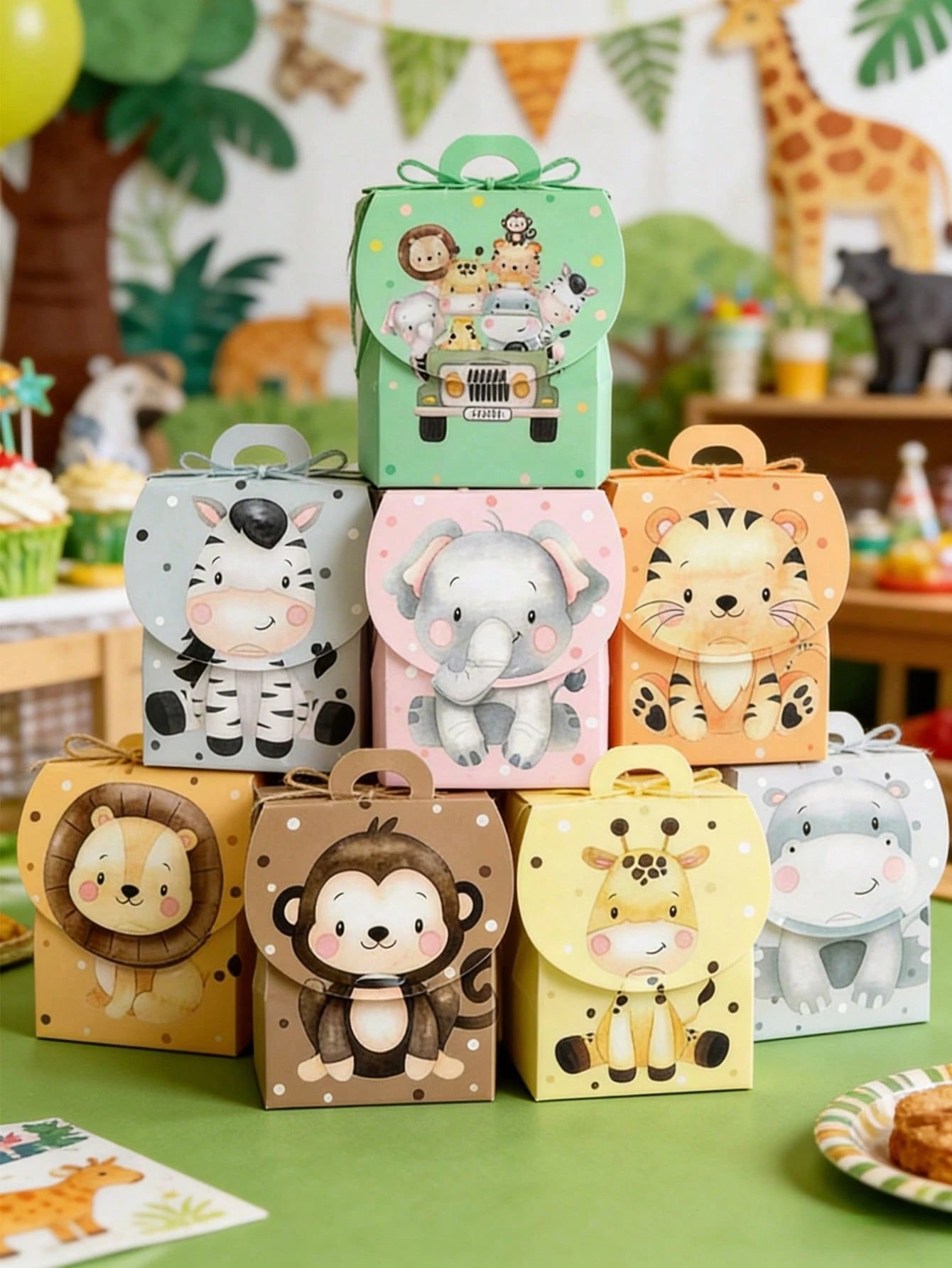 8pcs Jungle Animal Theme Gift Boxes With Handles, Jungle Adventure Theme Birthday Gift Bags, Baby Shower Decor Gift Boxes, Gender Reveal Party Candy Bags, Party Favor Bags, 1st Birthday Party Supplies