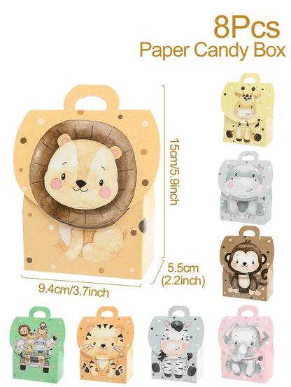 8pcs Jungle Animal Theme Gift Boxes With Handles, Jungle Adventure Theme Birthday Gift Bags, Baby Shower Decor Gift Boxes, Gender Reveal Party Candy Bags, Party Favor Bags, 1st Birthday Party Supplies