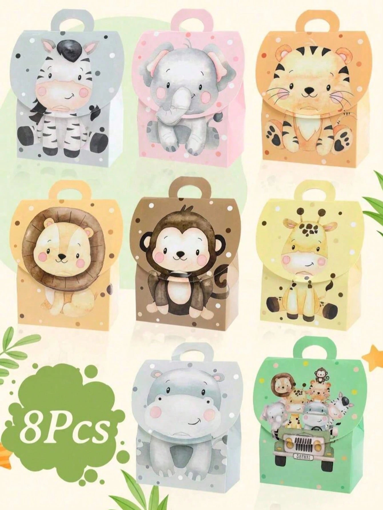 8pcs Jungle Animal Theme Gift Boxes With Handles, Jungle Adventure Theme Birthday Gift Bags, Baby Shower Decor Gift Boxes, Gender Reveal Party Candy Bags, Party Favor Bags, 1st Birthday Party Supplies