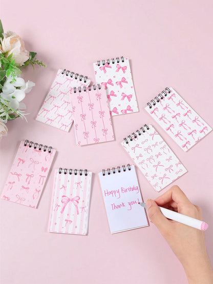 8pcs Mini Pink & White Bow Tie Baby Shower Spiral Notebooks, Dreamy Pink & White Bow Tie Mixed Design, Suitable For Gender Reveal Party Favors, 1st Birthday Party Plush Gifts, Party Game Prizes, Gift