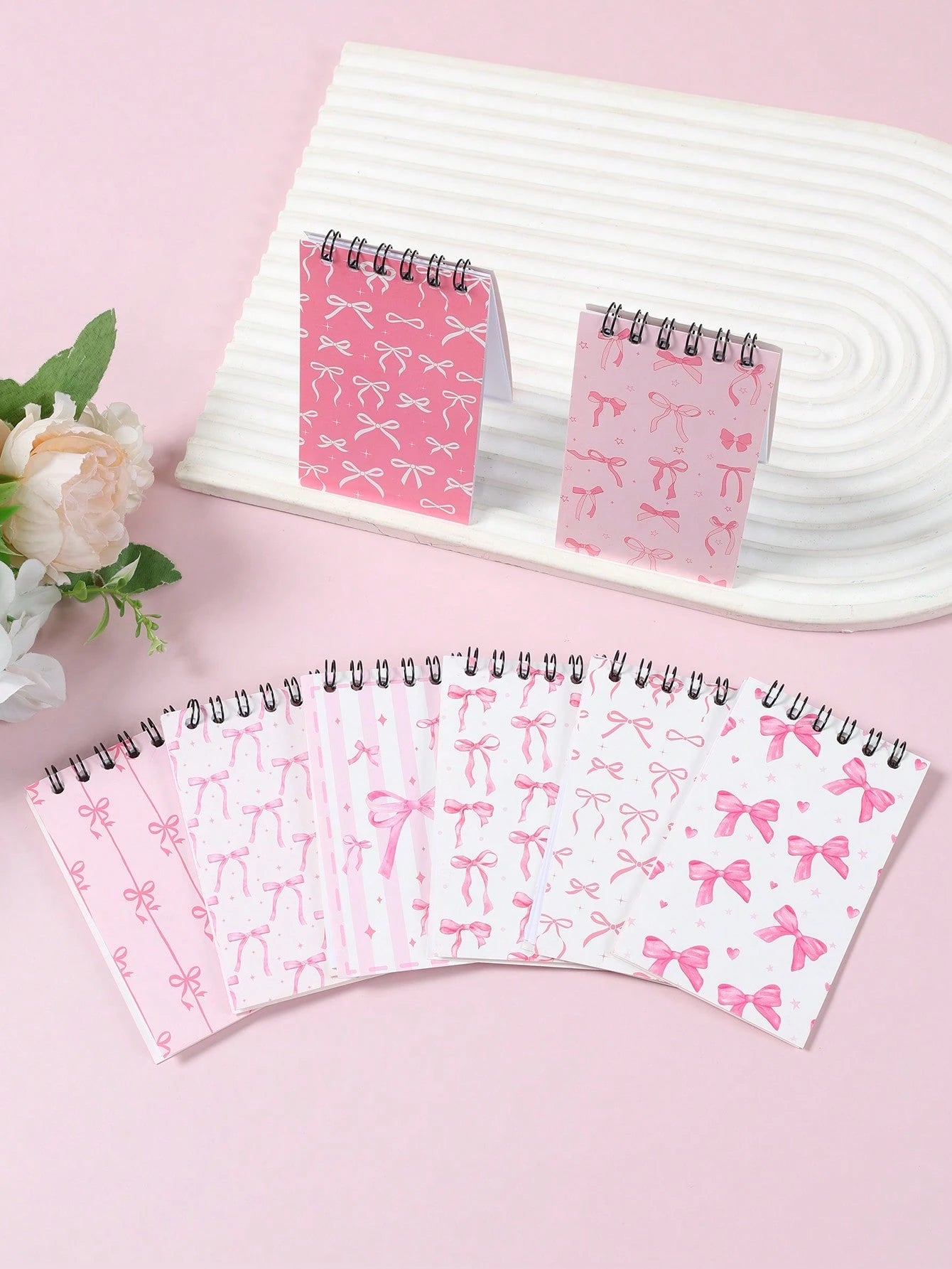 8pcs Mini Pink & White Bow Tie Baby Shower Spiral Notebooks, Dreamy Pink & White Bow Tie Mixed Design, Suitable For Gender Reveal Party Favors, 1st Birthday Party Plush Gifts, Party Game Prizes, Gift