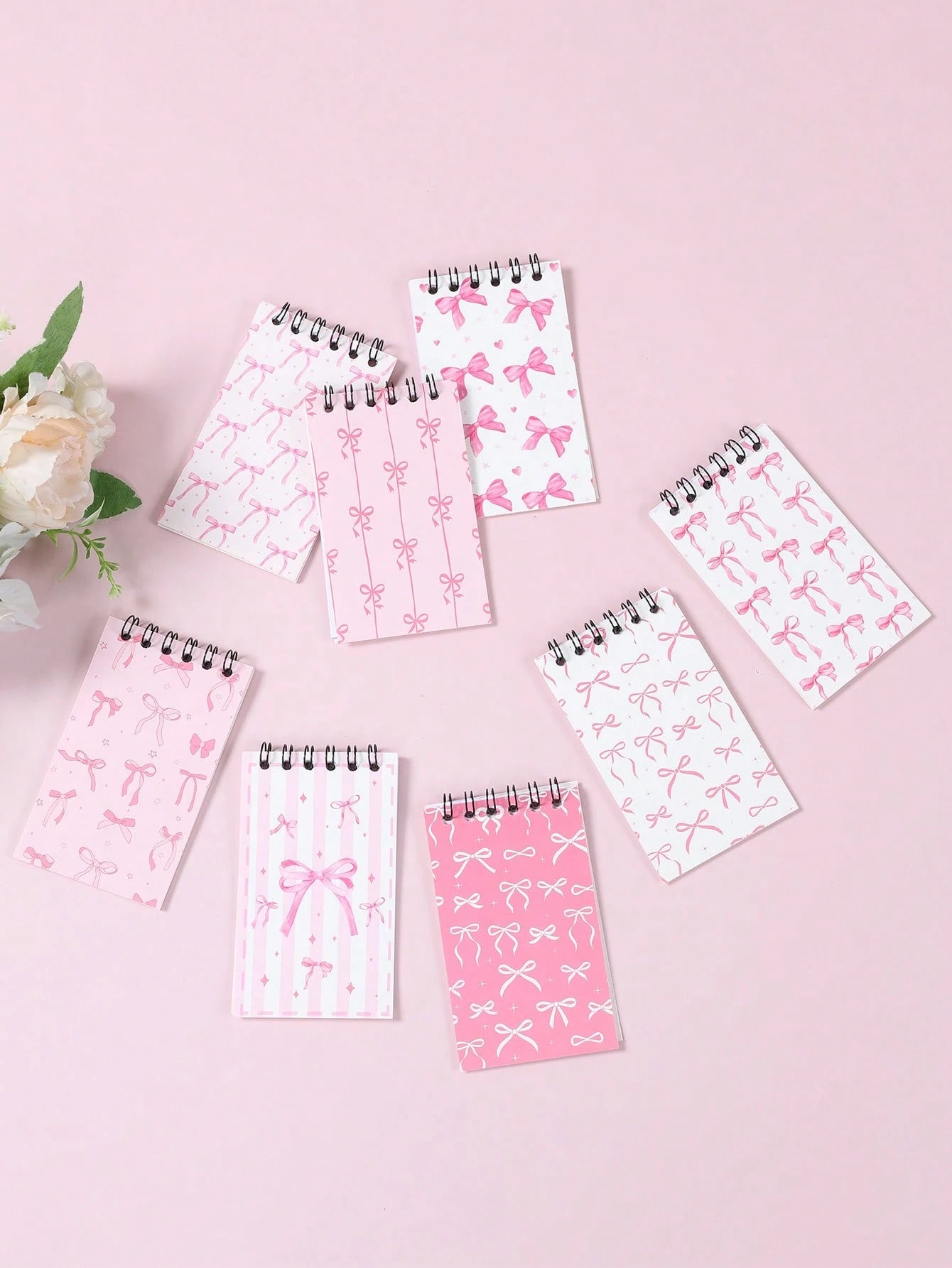 8pcs Mini Pink & White Bow Tie Baby Shower Spiral Notebooks, Dreamy Pink & White Bow Tie Mixed Design, Suitable For Gender Reveal Party Favors, 1st Birthday Party Plush Gifts, Party Game Prizes, Gift