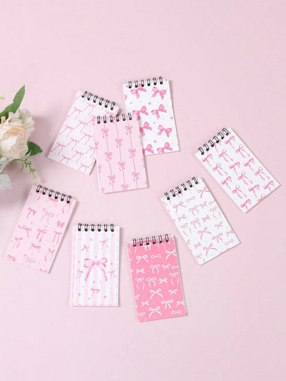 8pcs Mini Pink & White Bow Tie Baby Shower Spiral Notebooks, Dreamy Pink & White Bow Tie Mixed Design, Suitable For Gender Reveal Party Favors, 1st Birthday Party Plush Gifts, Party Game Prizes, Gift