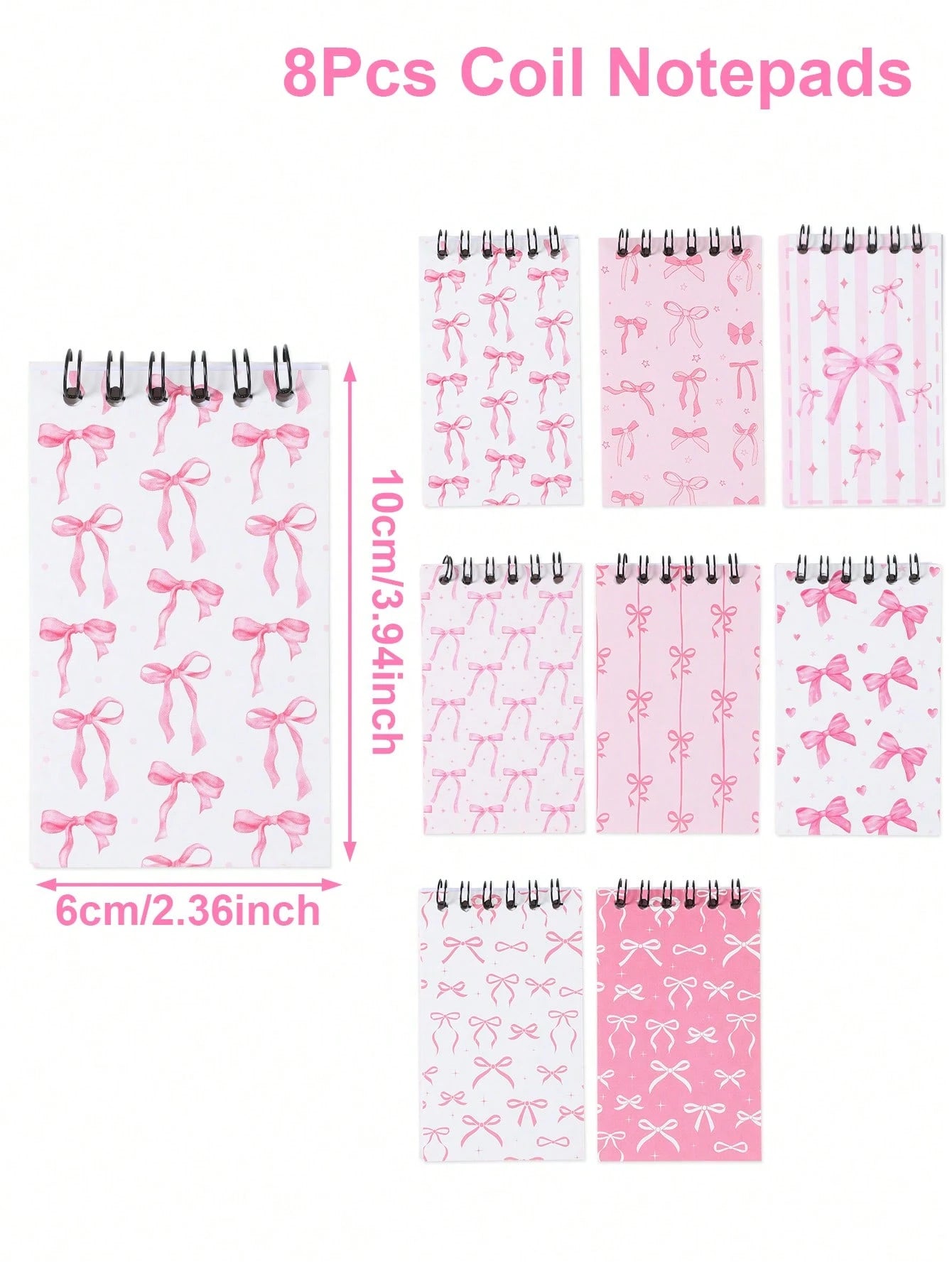 8pcs Mini Pink & White Bow Tie Baby Shower Spiral Notebooks, Dreamy Pink & White Bow Tie Mixed Design, Suitable For Gender Reveal Party Favors, 1st Birthday Party Plush Gifts, Party Game Prizes, Gift