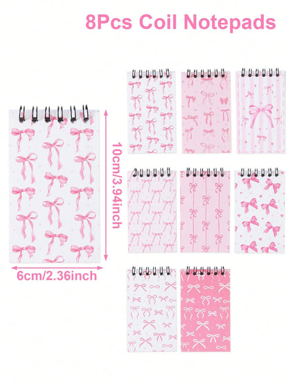 8pcs Mini Pink & White Bow Tie Baby Shower Spiral Notebooks, Dreamy Pink & White Bow Tie Mixed Design, Suitable For Gender Reveal Party Favors, 1st Birthday Party Plush Gifts, Party Game Prizes, Gift