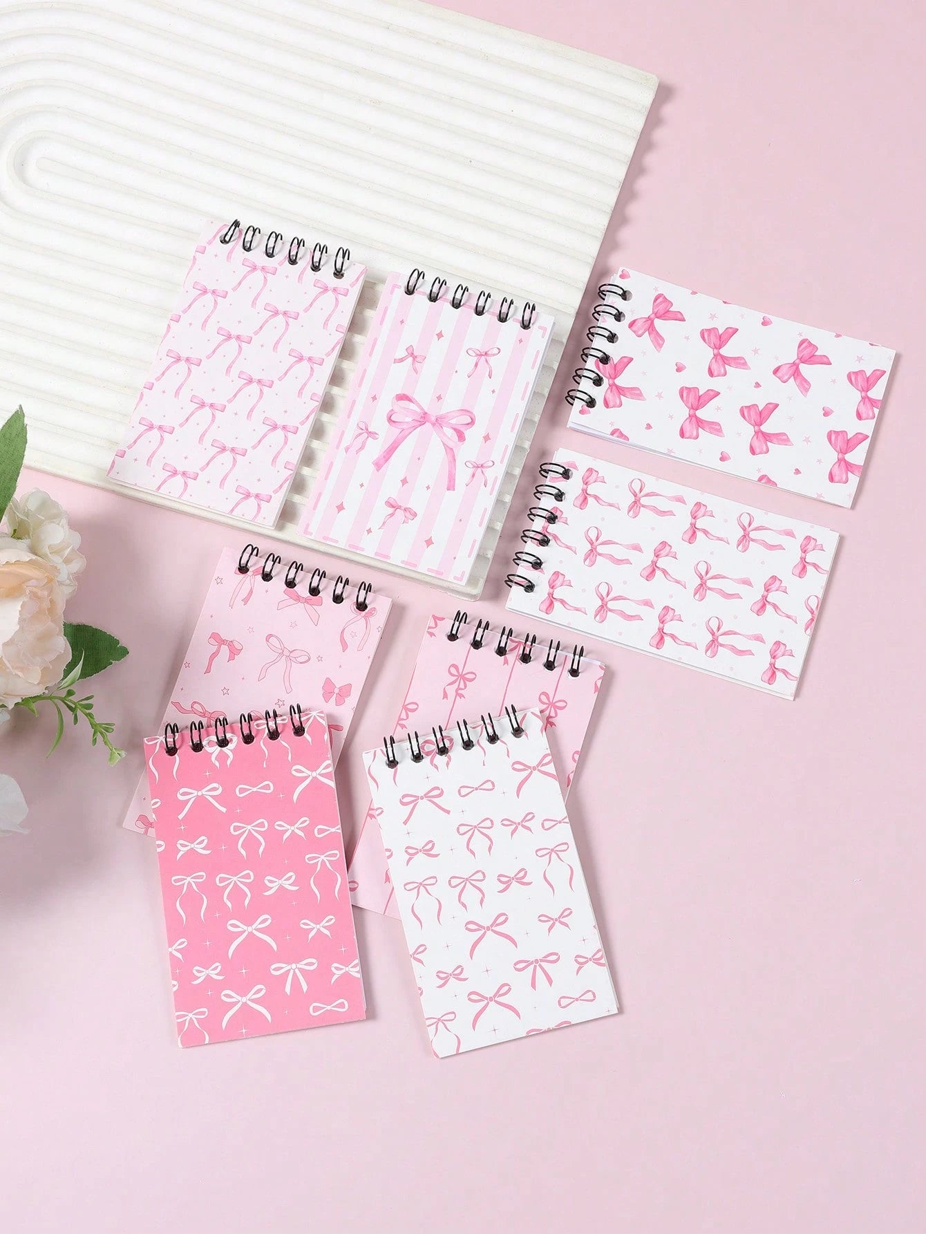8pcs Mini Pink & White Bow Tie Baby Shower Spiral Notebooks, Dreamy Pink & White Bow Tie Mixed Design, Suitable For Gender Reveal Party Favors, 1st Birthday Party Plush Gifts, Party Game Prizes, Gift