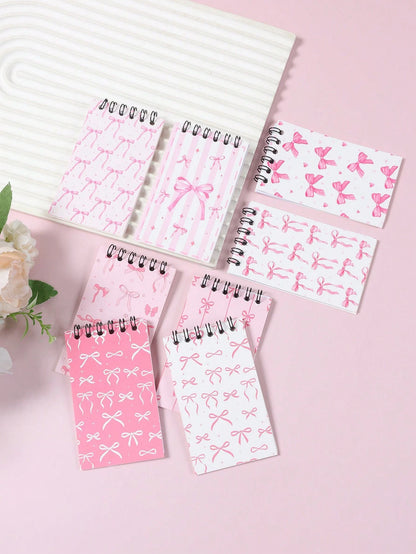 8pcs Mini Pink & White Bow Tie Baby Shower Spiral Notebooks, Dreamy Pink & White Bow Tie Mixed Design, Suitable For Gender Reveal Party Favors, 1st Birthday Party Plush Gifts, Party Game Prizes, Gift