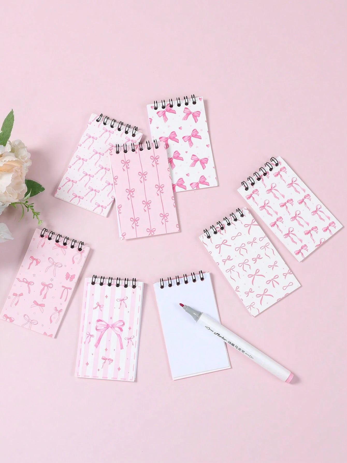 8pcs Mini Pink & White Bow Tie Baby Shower Spiral Notebooks, Dreamy Pink & White Bow Tie Mixed Design, Suitable For Gender Reveal Party Favors, 1st Birthday Party Plush Gifts, Party Game Prizes, Gift