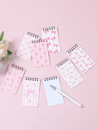 8pcs Mini Pink & White Bow Tie Baby Shower Spiral Notebooks, Dreamy Pink & White Bow Tie Mixed Design, Suitable For Gender Reveal Party Favors, 1st Birthday Party Plush Gifts, Party Game Prizes, Gift