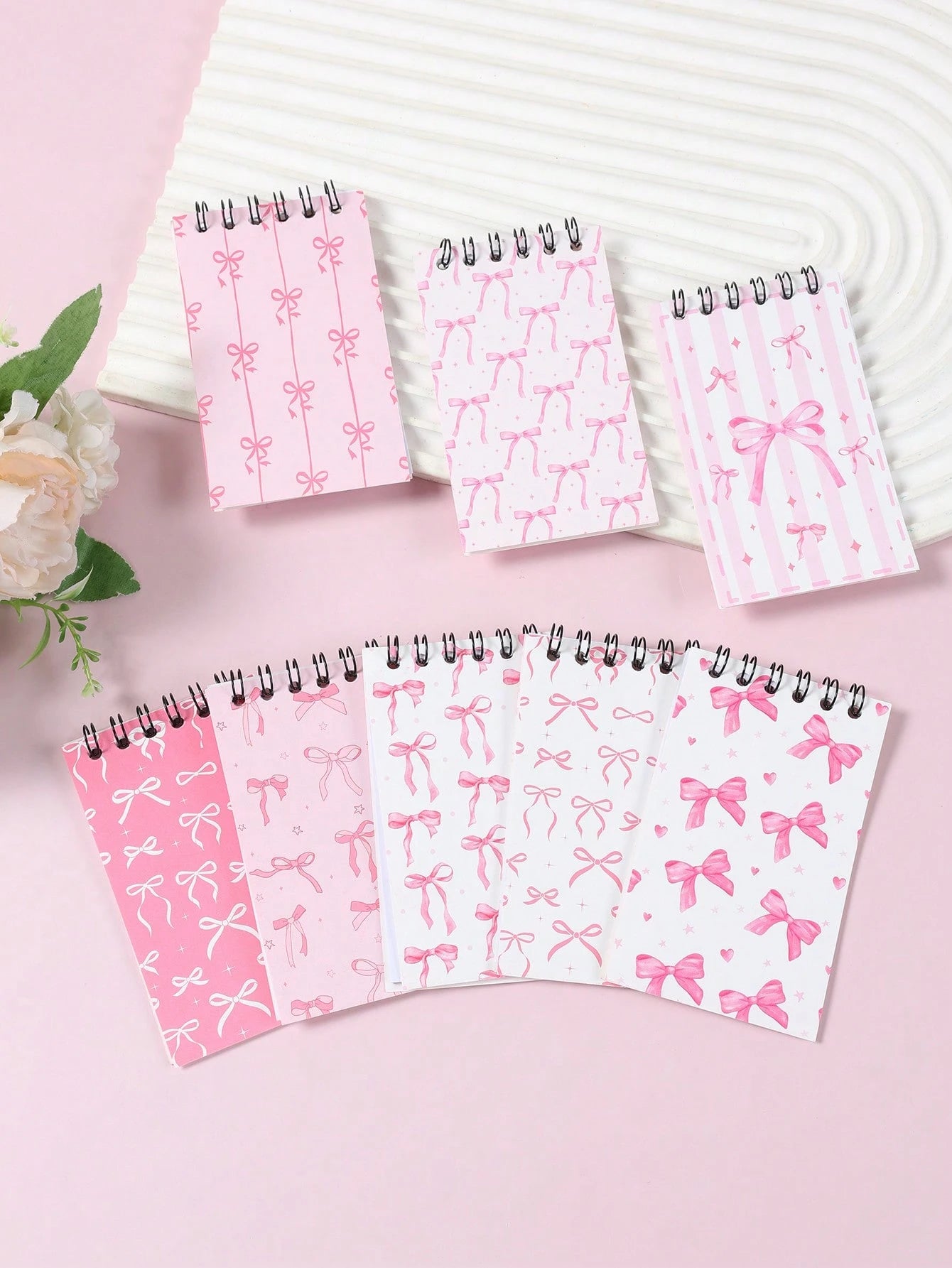 8pcs Mini Pink & White Bow Tie Baby Shower Spiral Notebooks, Dreamy Pink & White Bow Tie Mixed Design, Suitable For Gender Reveal Party Favors, 1st Birthday Party Plush Gifts, Party Game Prizes, Gift