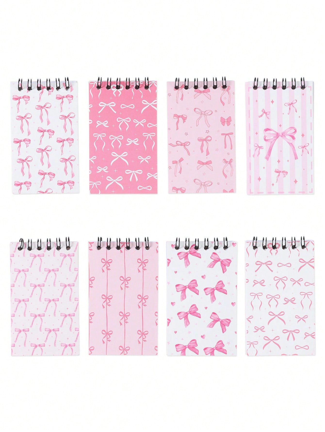 8pcs Mini Pink & White Bow Tie Baby Shower Spiral Notebooks, Dreamy Pink & White Bow Tie Mixed Design, Suitable For Gender Reveal Party Favors, 1st Birthday Party Plush Gifts, Party Game Prizes, Gift