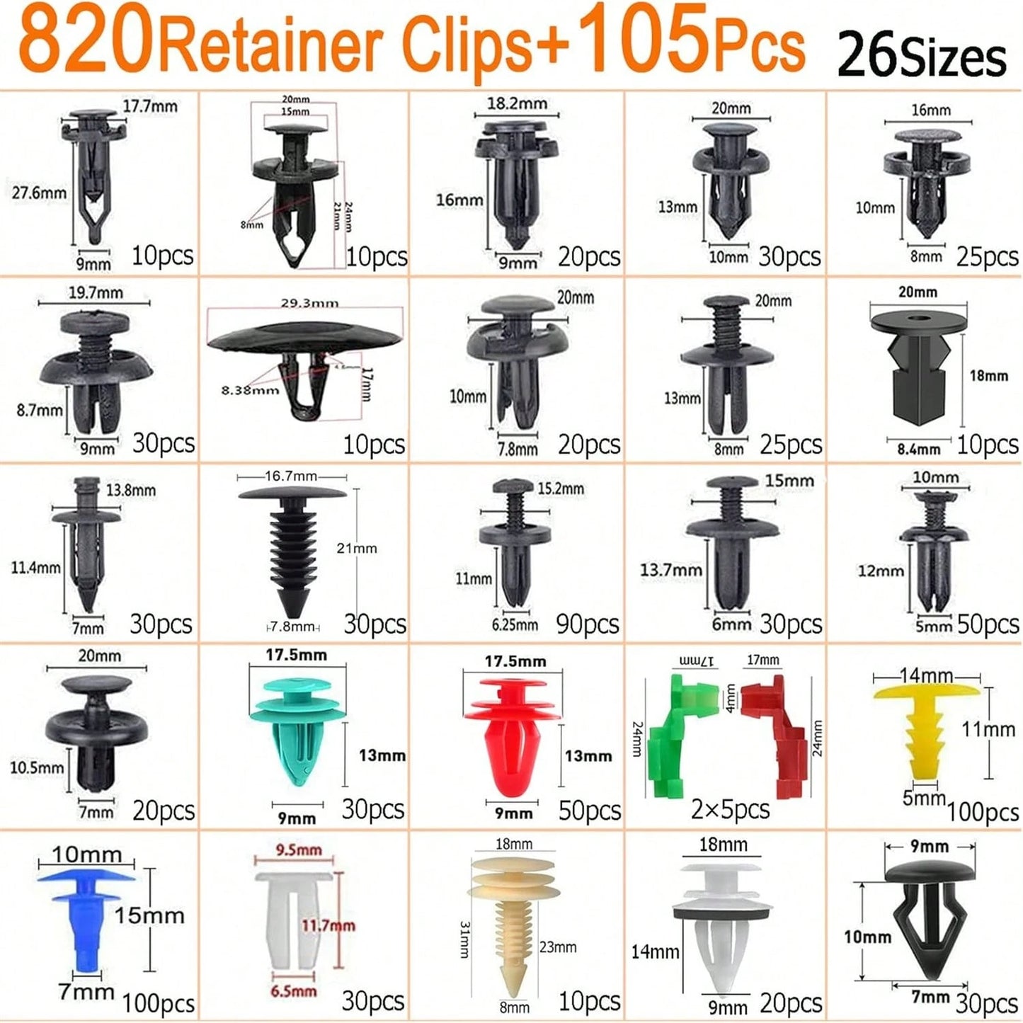 925Pcs Car Bumper Retainer Clips Car Plastic Rivets Fasteners Push Fixing Kits Most Popular Sizes Car Push Rivet Set- Fits Common Makes Door Trims Mudguard Clips