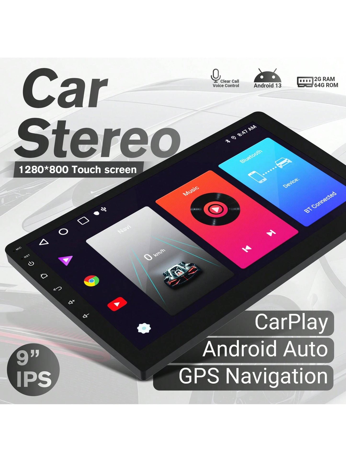 9INCH Double Din Car Stereo Wireless CarPlay Wireless Android Auto, Android 2+64G Touchscreen Car Radio Head Unit With Bluetooth 4.0, DSP, WiFi, HDCamera, Haudio