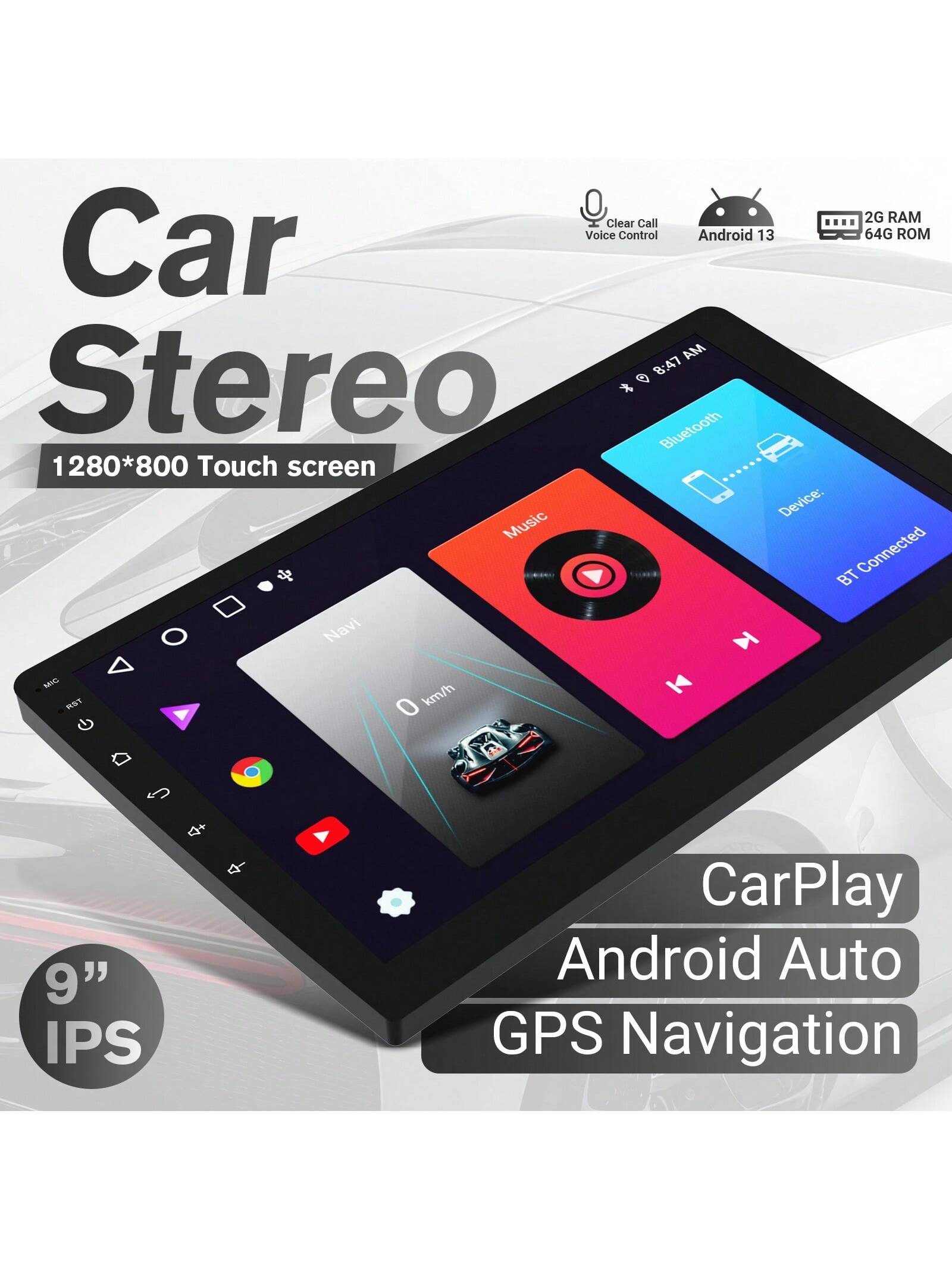 9INCH Double Din Car Stereo Wireless CarPlay Wireless Android Auto, Android 2+64G Touchscreen Car Radio Head Unit With Bluetooth 4.0, DSP, WiFi, HDCamera, Haudio