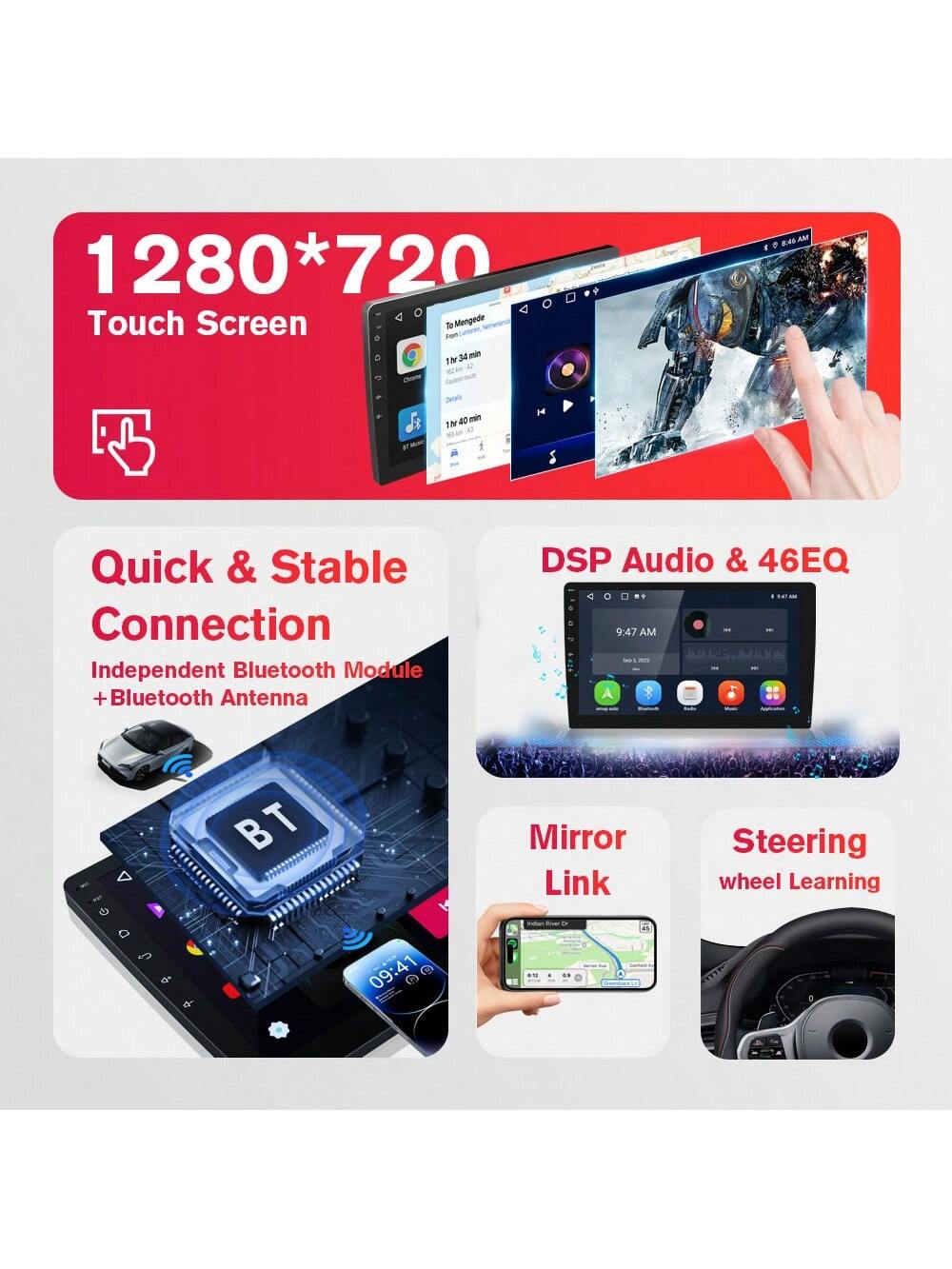 9INCH Double Din Car Stereo Wireless CarPlay Wireless Android Auto, Android 2+64G Touchscreen Car Radio Head Unit With Bluetooth 4.0, DSP, WiFi, HDCamera, Haudio