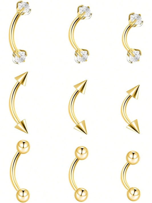9PCS Gold Eyebrow Piercing Jewelry, Rook Jewelry Gold Silver Eyebrow Rings For Women Men CZ Tiny Labret Lip Daith Helix Tragus 16G 6mm/8mm/10mm