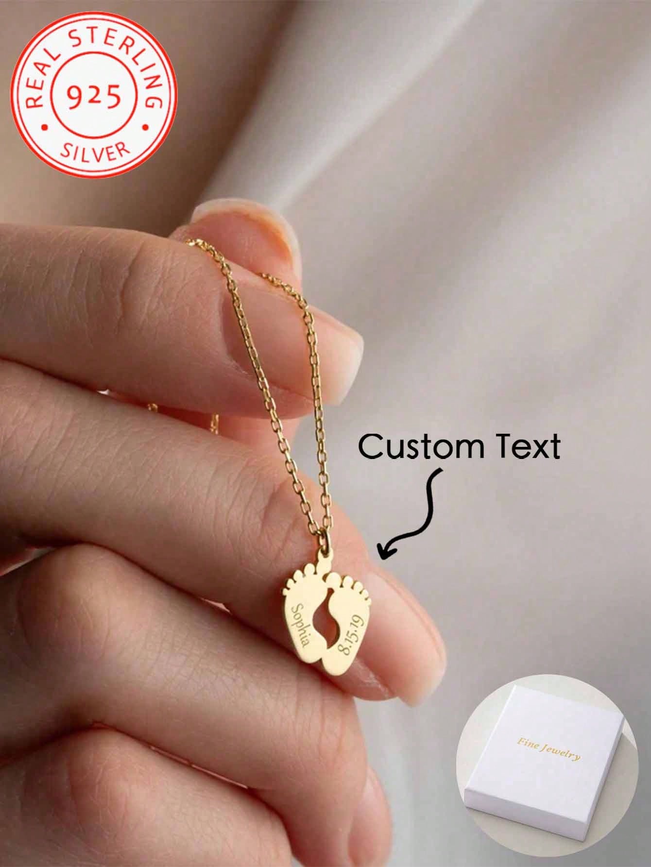 A 925 Silver Warm And Lovely, Uniquely Designed Custom Necklace With Footprint Pendant Can Be Engraved With English Names And Birthdays Of Family Members. It Is A Well-Made Jewellery Accessory Gift Fo
