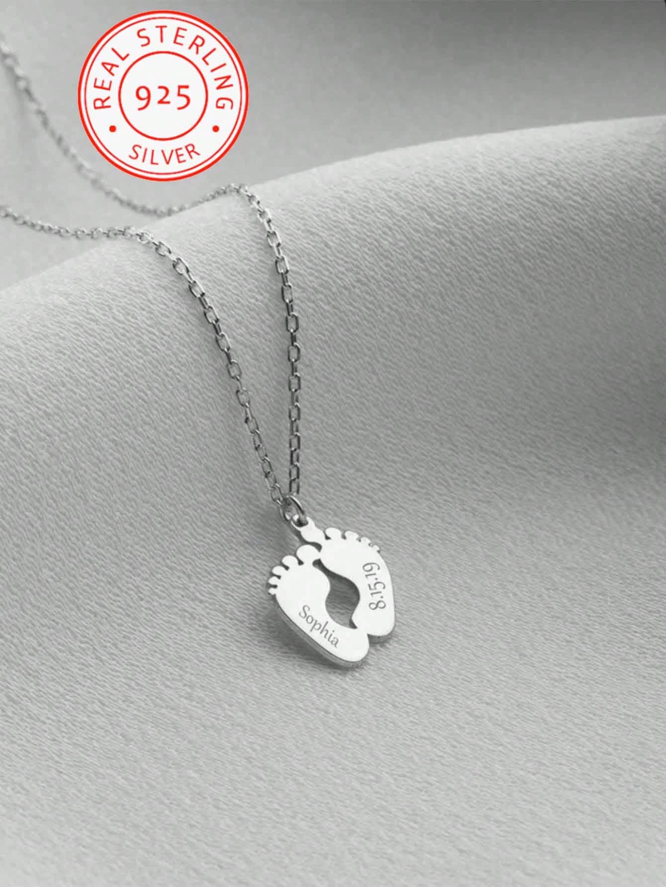 A 925 Silver Warm And Lovely, Uniquely Designed Custom Necklace With Footprint Pendant Can Be Engraved With English Names And Birthdays Of Family Members. It Is A Well-Made Jewellery Accessory Gift Fo