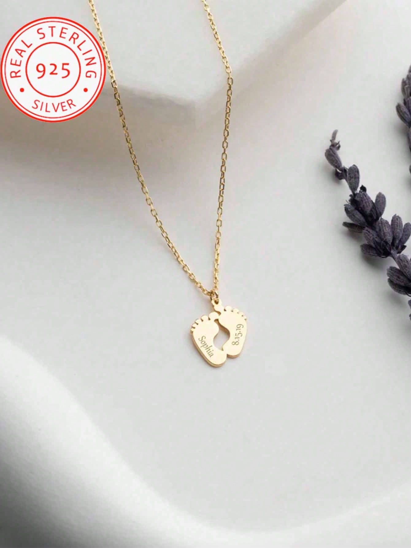 A 925 Silver Warm And Lovely, Uniquely Designed Custom Necklace With Footprint Pendant Can Be Engraved With English Names And Birthdays Of Family Members. It Is A Well-Made Jewellery Accessory Gift Fo
