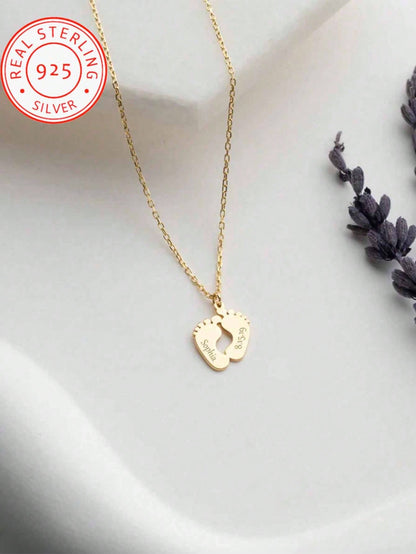 A 925 Silver Warm And Lovely, Uniquely Designed Custom Necklace With Footprint Pendant Can Be Engraved With English Names And Birthdays Of Family Members. It Is A Well-Made Jewellery Accessory Gift Fo