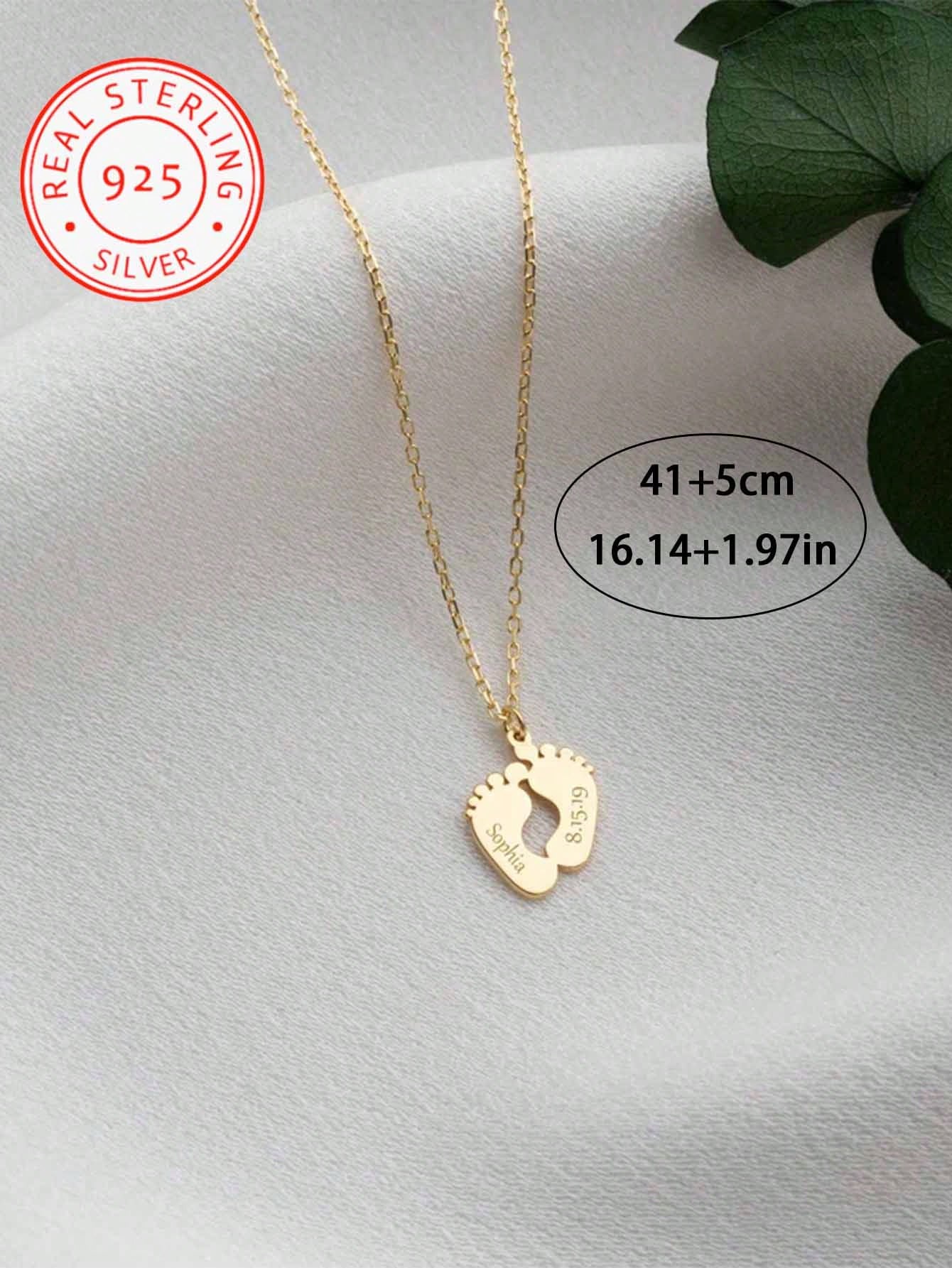 A 925 Silver Warm And Lovely, Uniquely Designed Custom Necklace With Footprint Pendant Can Be Engraved With English Names And Birthdays Of Family Members. It Is A Well-Made Jewellery Accessory Gift Fo