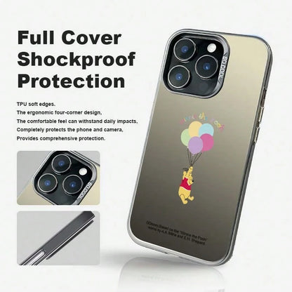 A Minimalist Unisex Black Phone Case With A Disney Winnie The Pooh Design, Made Of TPU In A Silver Finish. Comfortable To The Touch, Matte Finish, Cute And Exquisite, Balloon-Themed, Instagram-Worthy
