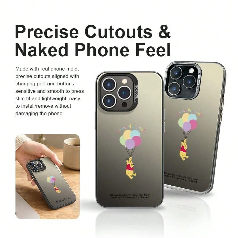 A Minimalist Unisex Black Phone Case With A Disney Winnie The Pooh Design, Made Of TPU In A Silver Finish. Comfortable To The Touch, Matte Finish, Cute And Exquisite, Balloon-Themed, Instagram-Worthy