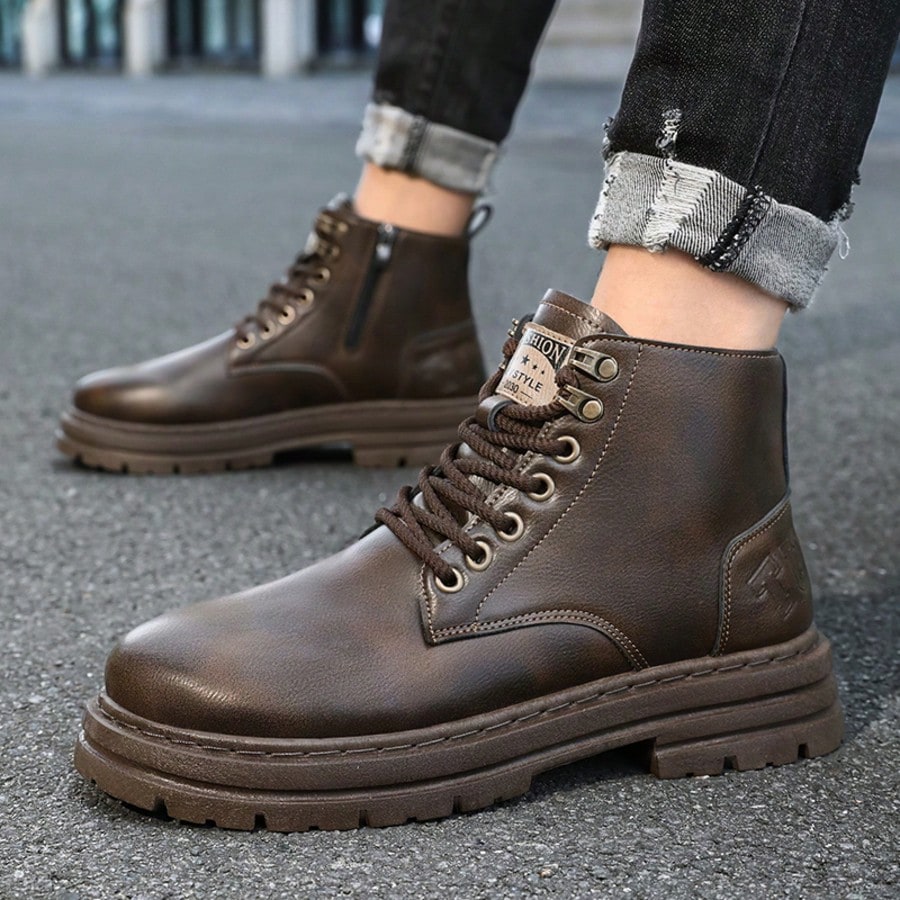 A Pair Street Lace Up Zipper Men's Boots Outdoor All-Seasnos Men's Short Boots