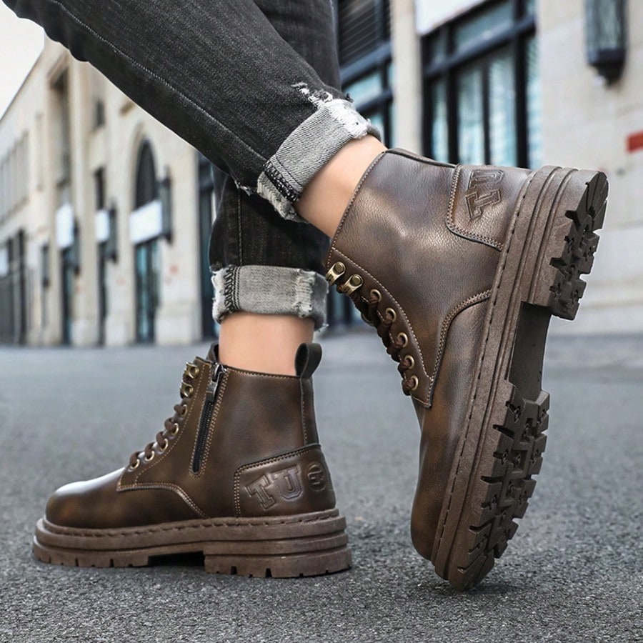 A Pair Street Lace Up Zipper Men's Boots Outdoor All-Seasnos Men's Short Boots