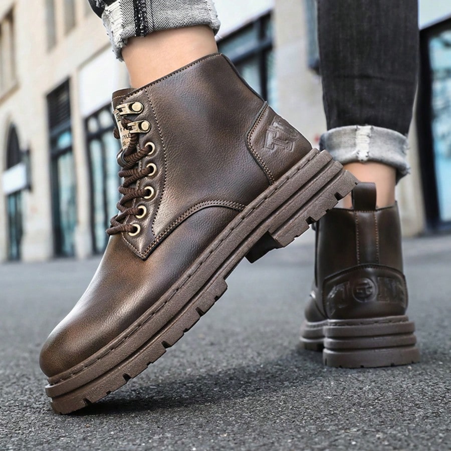 A Pair Street Lace Up Zipper Men's Boots Outdoor All-Seasnos Men's Short Boots
