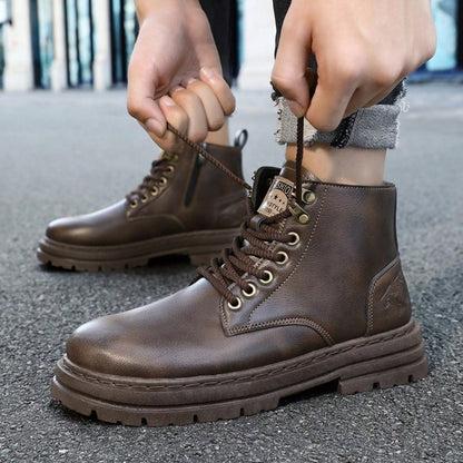 A Pair Street Lace Up Zipper Men's Boots Outdoor All-Seasnos Men's Short Boots