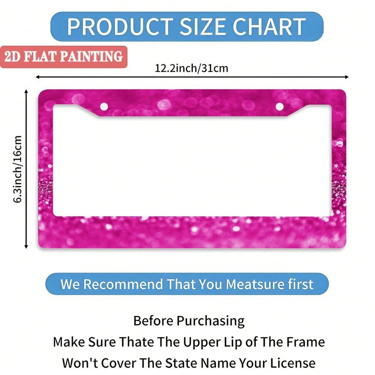 A Sturdy License Plate Frame, Rust-Proof And Adorned With Pink Sequins.Perfect For Front And Rear Plates, Easy To Install, Dimensions Are 6.3inch X 12.2inch (Compatible With The US And Canada)